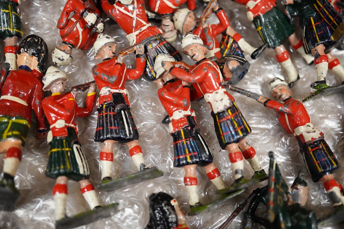 A collection of lead soldiers by Britains, etc. including Scottish Highlanders, together with a number of diecast military aircraft and a boxed Schuco Telesteering Car 3000